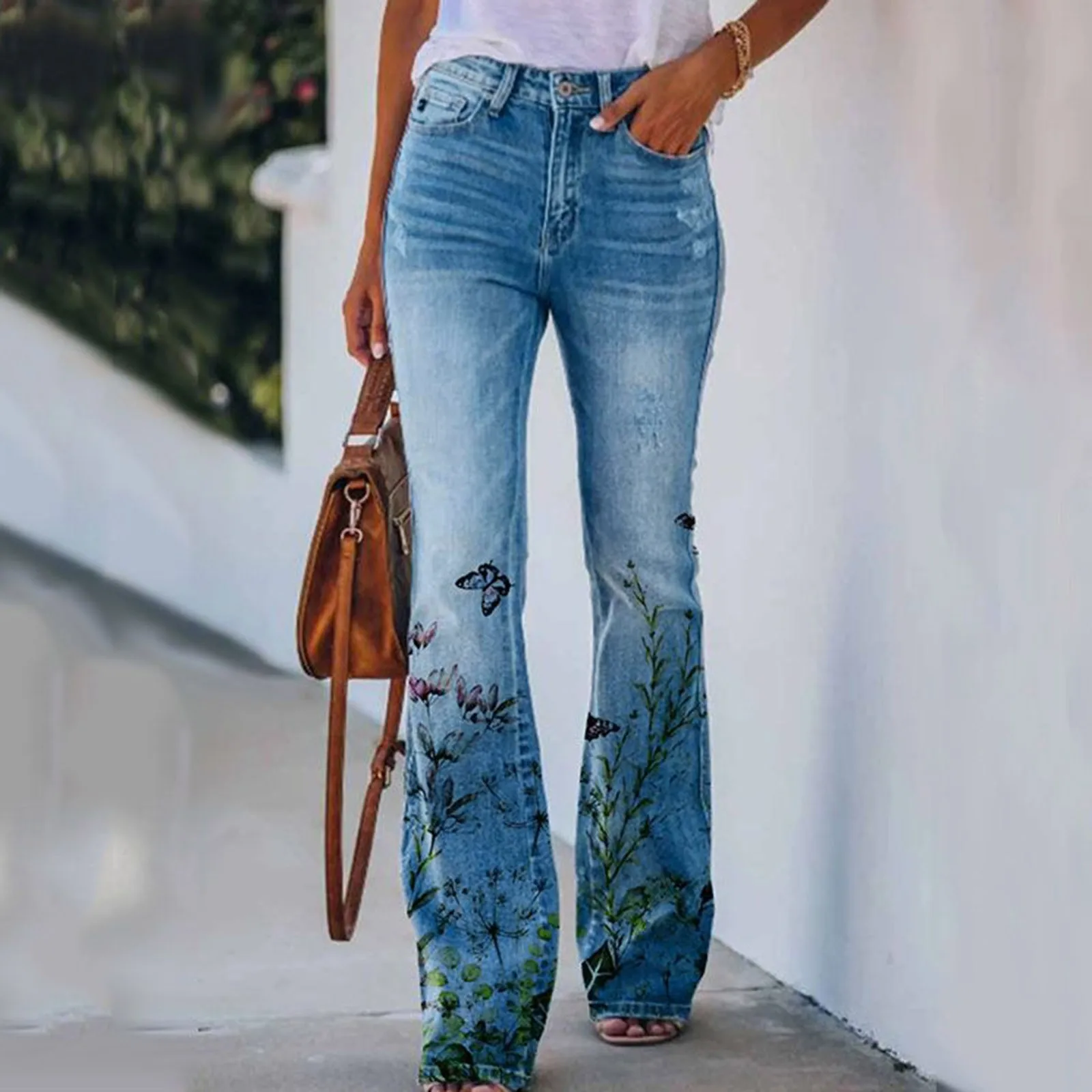 Y2k Vintage Jeans Women Boho Vintage Flower Print Bell Bottoms Trendy Front Double Pocket Denim Pants Spring Summer Streetwear