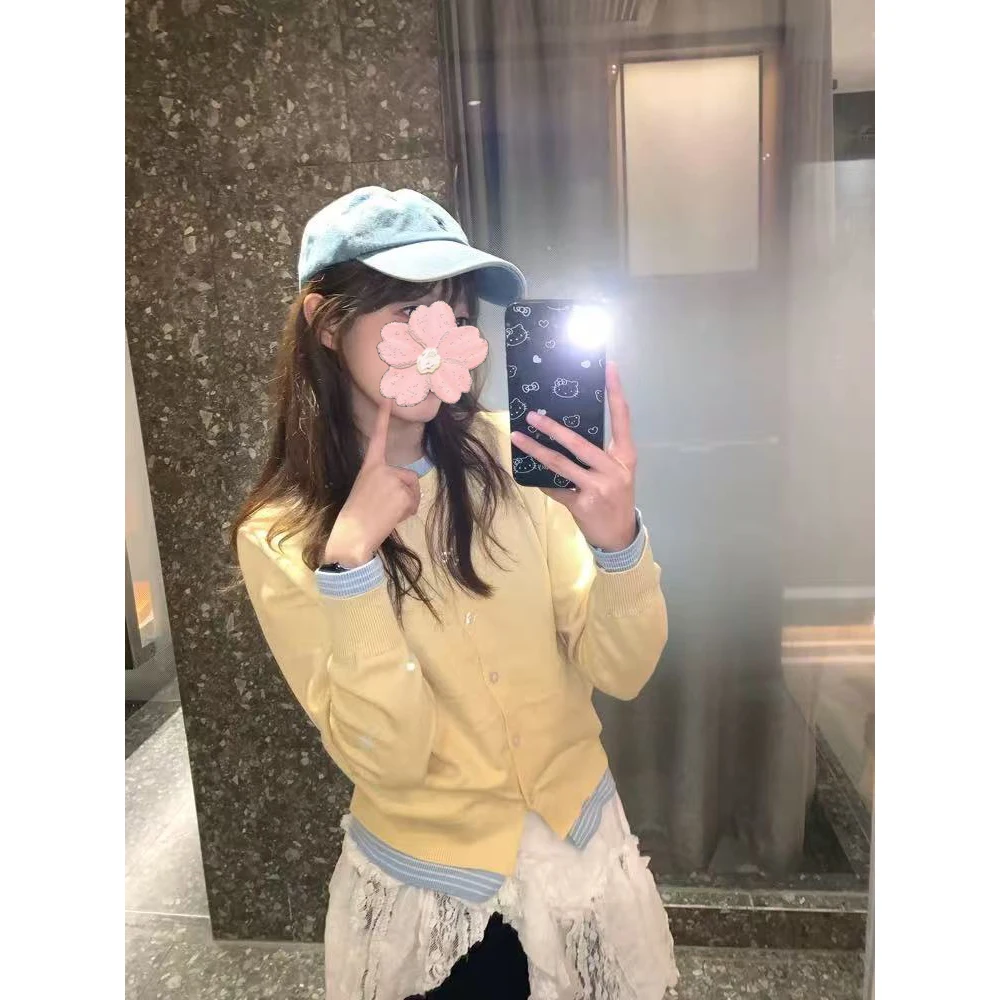 Sweet Simple round Ne Splice Knitted Open Cardigan Women's Design Slimming Versatile Top Early Autumn 2025 Commute Sle Lo...