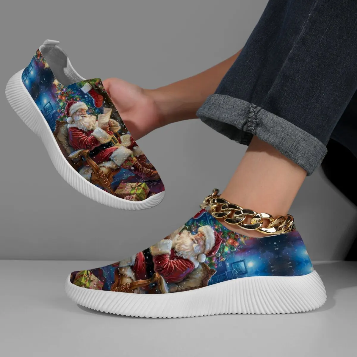

Женские модные рождественские туфли без шнуровки на плоской подошве с Санта-Клаусом и узором в виде рождественской елки, кроссовки, женская прогулочная обувь