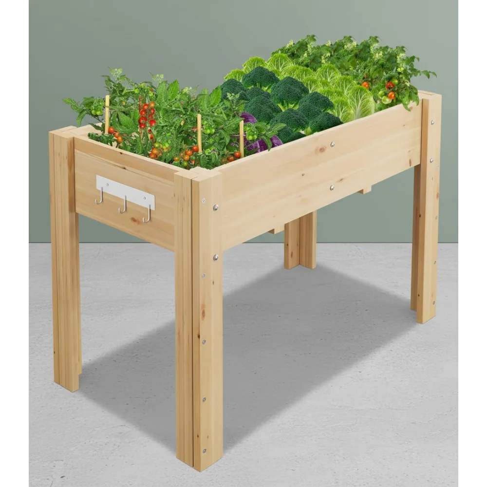 

Elevated Wooden Garden Bed with Legs & Hooks, 47x30x22 Inch Raised Planter Box for Vegetables Herbs Outdoor Patio Backyard