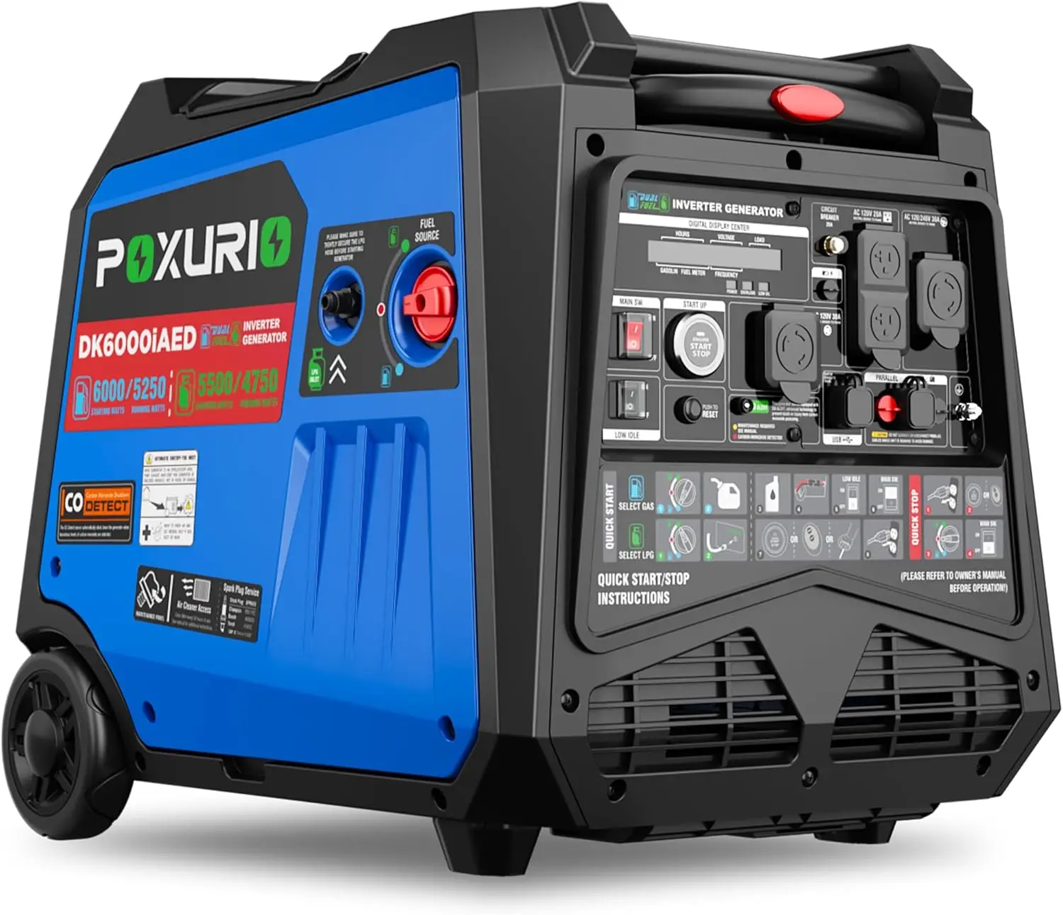 

6000 Watt Dual Fuel Inverter Generator, 120V/240V Gas Propane Powered Generator Super Quiet, Remote Start/CO Sensor/RV Ready/EPA