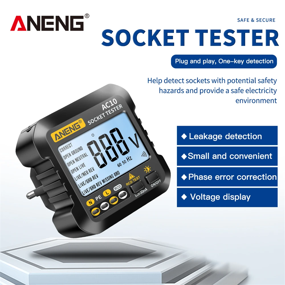 ANENG AC10 Socket Tester Plug Detector Zero Line Plug Polariteit Fasecontrole Fasedetector US/EU Plug Multimeter Digitale tester