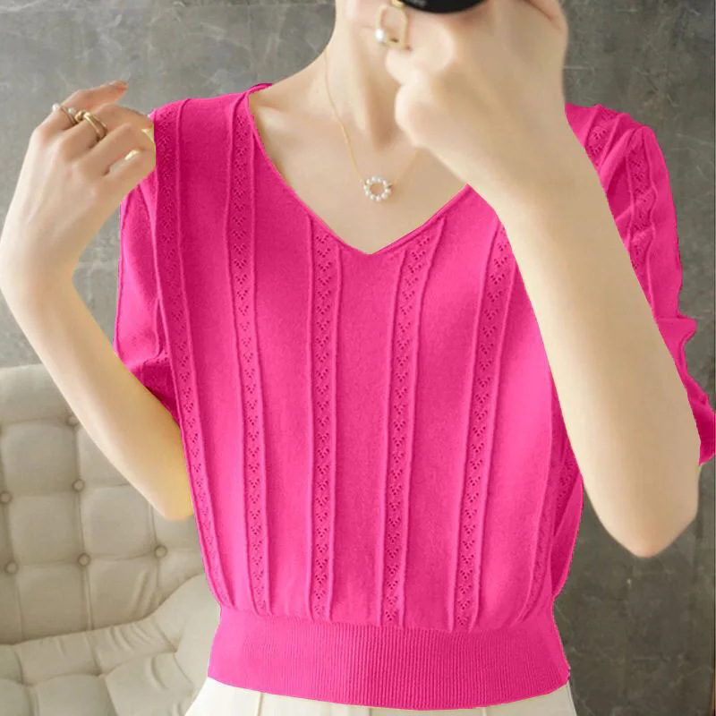 Fashion V-Neck Knitted Solid Color Casual Blouse Women\'s Clothing 2023 Summer New Oversized All-match Pullovers Commute Shirt