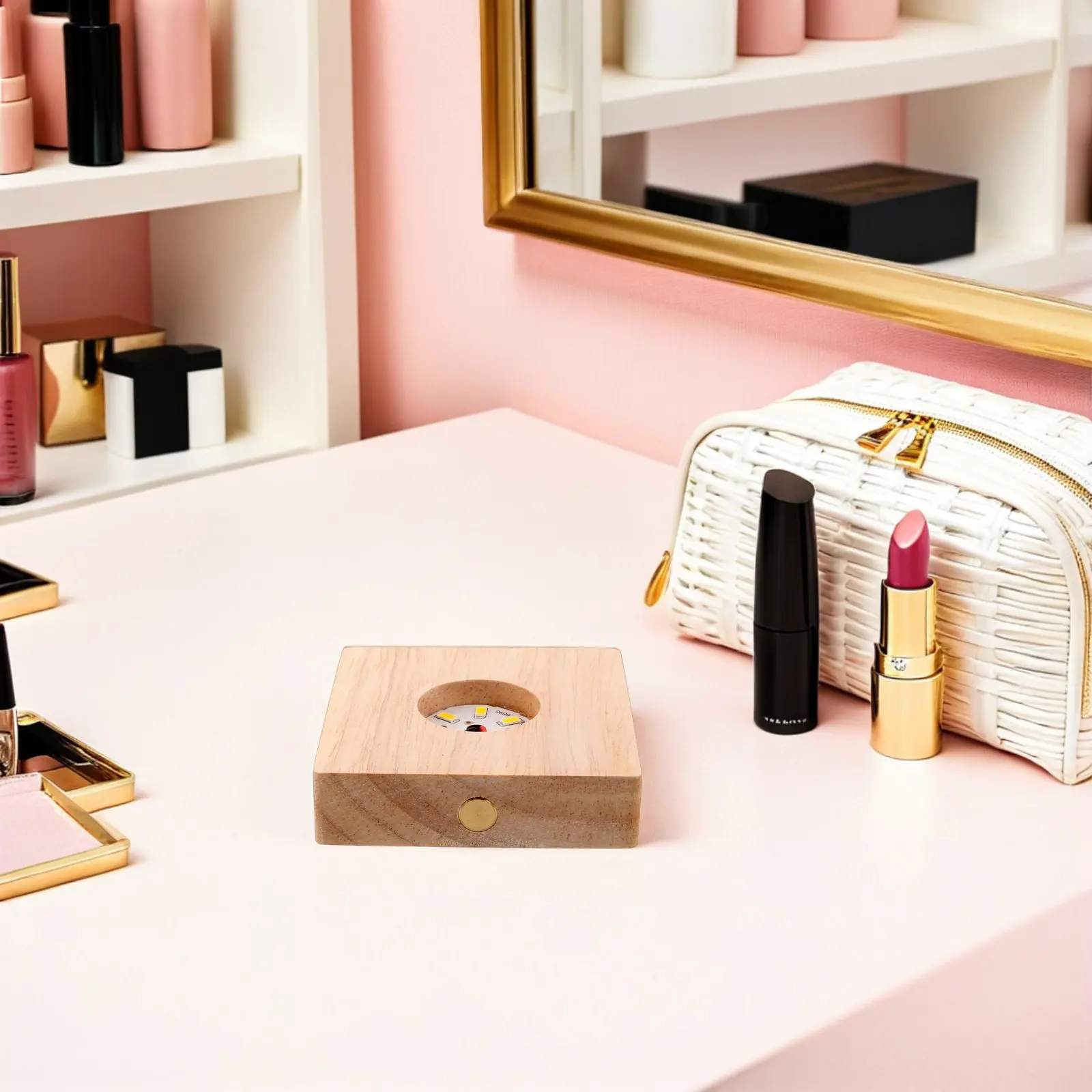 Wooden LED Display Base 8Cm Square Solid Wood Lighted Stand for Crystal Ball Snow Globe Night Light Decor Desk Lamp Base