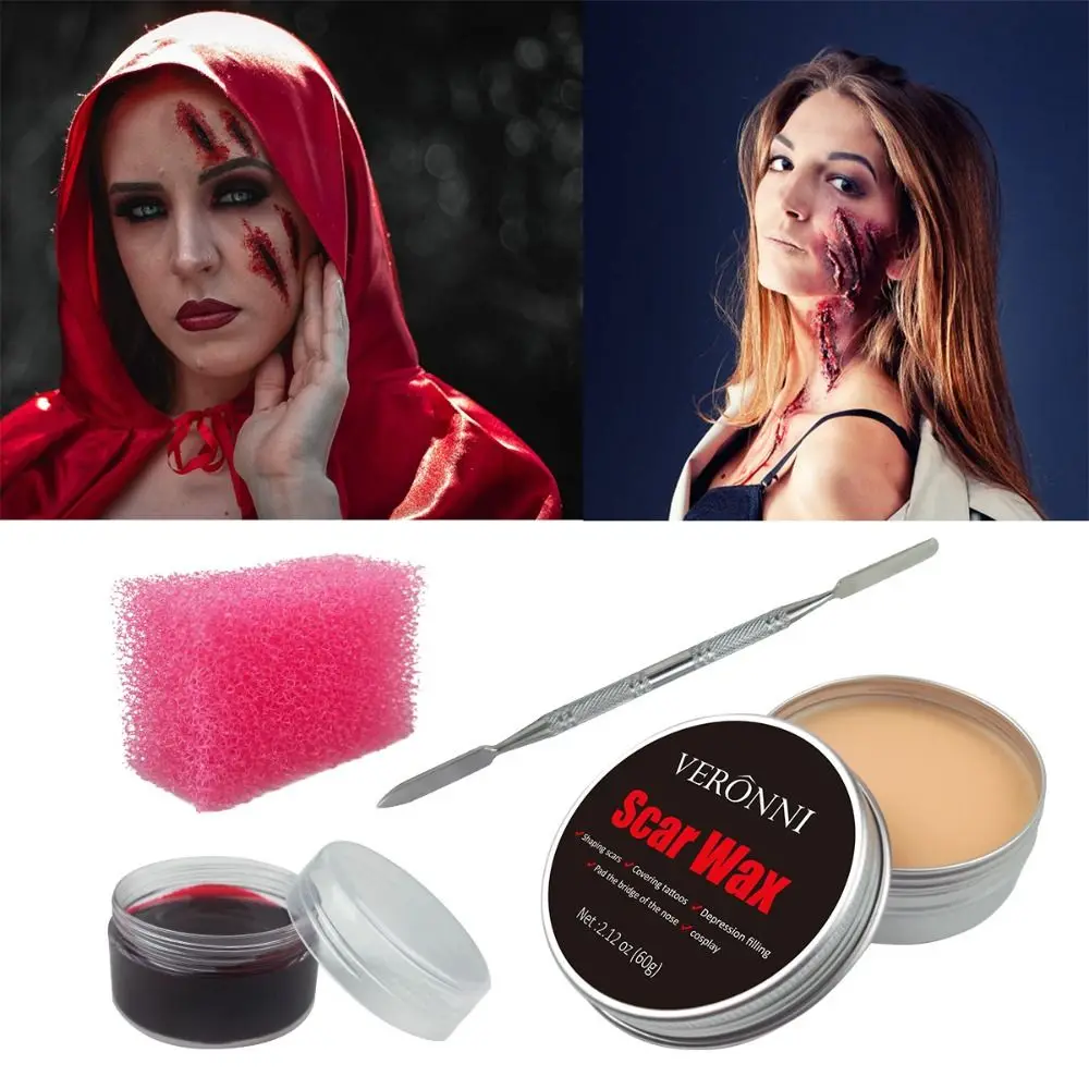 60g Halloween Fake Wounds Scars Wax Bruises Body Face Painting Cosplay SFX Makeup Kit Body Face Paint Tools Sponge&Spatula