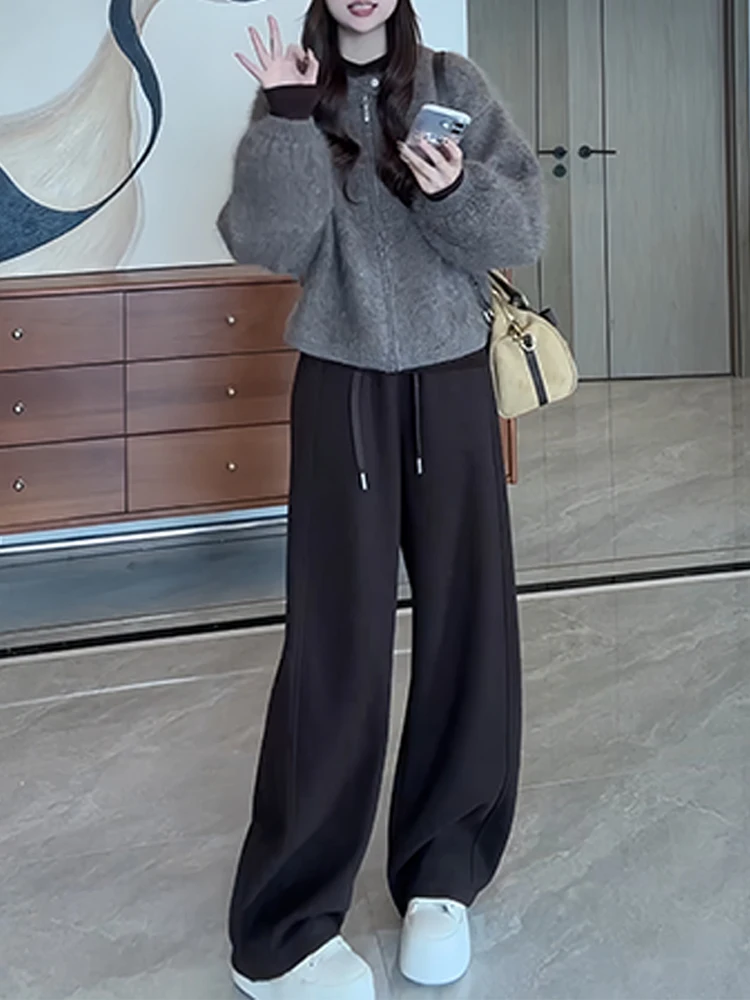 

Faionable Slimming Winter Outfit Women's Loose Fit Two-Piece Set High Waist Pants Breathable Knit Top Casual Sle