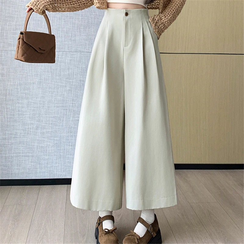 Seoulish pantaloni da donna alla caviglia in tinta unita 2024 autunno nuovo cotone lavato a vita alta gamba larga pantaloni Casual a nove punti femminili