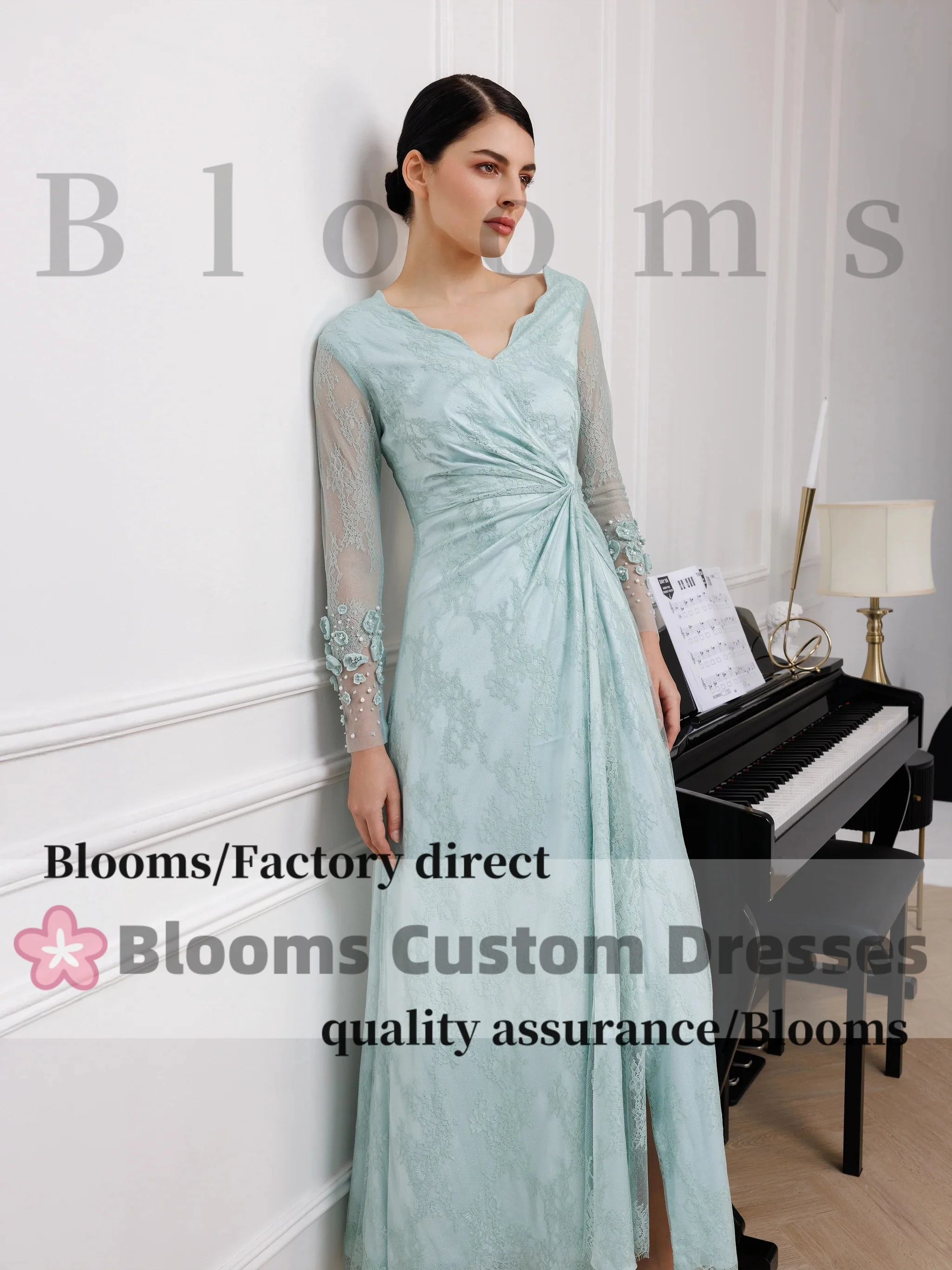 Blooms V-Neck Lace Customized Prom Dress A-Line Long Sleeve Flowers Beads Special Occasion Pleated Midi Evening Dress