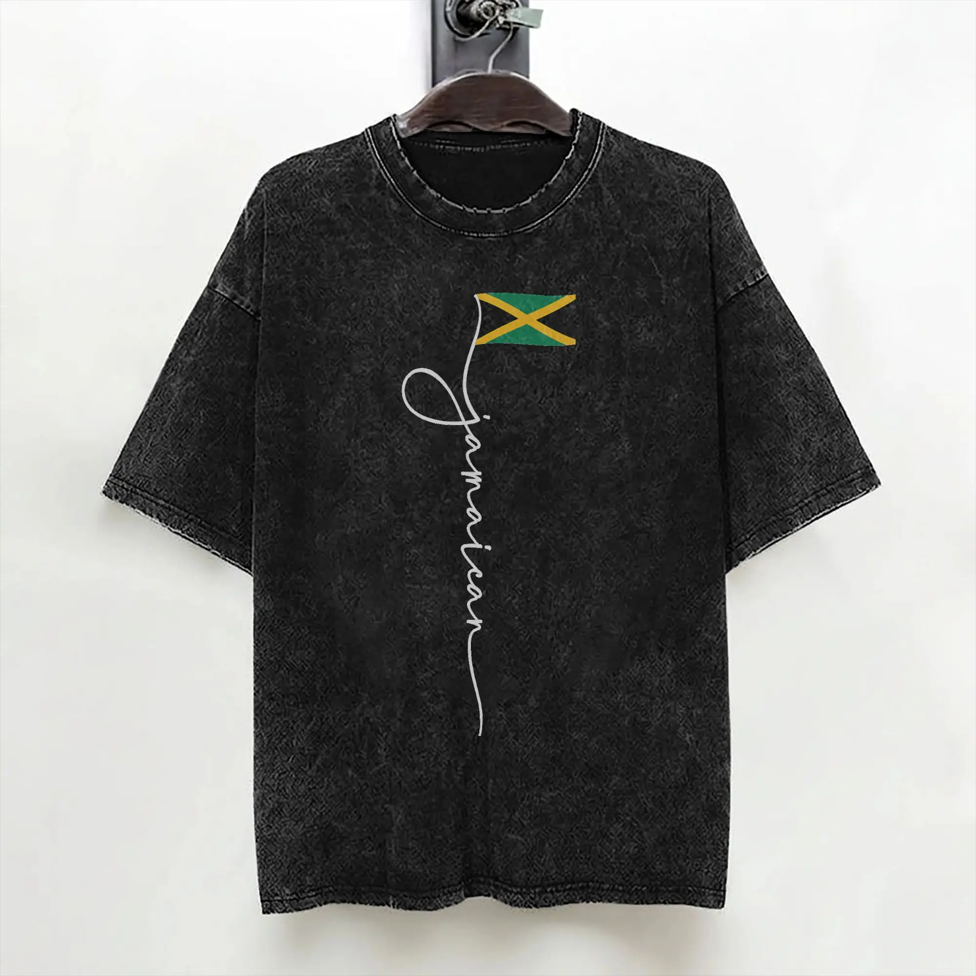 Jamaica Signature Jamaican Flag T Shirts Washed 100% Cotton Harajuku T-Shirt  Vintage Men Women Streetwear Graphic Tops Tees