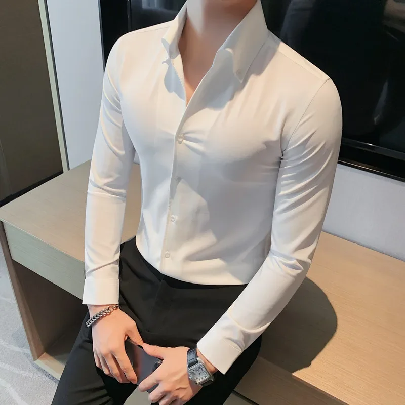 

Men Dress Shirt Fashion Long Sleeve Business Social Shirt Male Solid Color Button Down Collar Work White Black Shirt 4XL