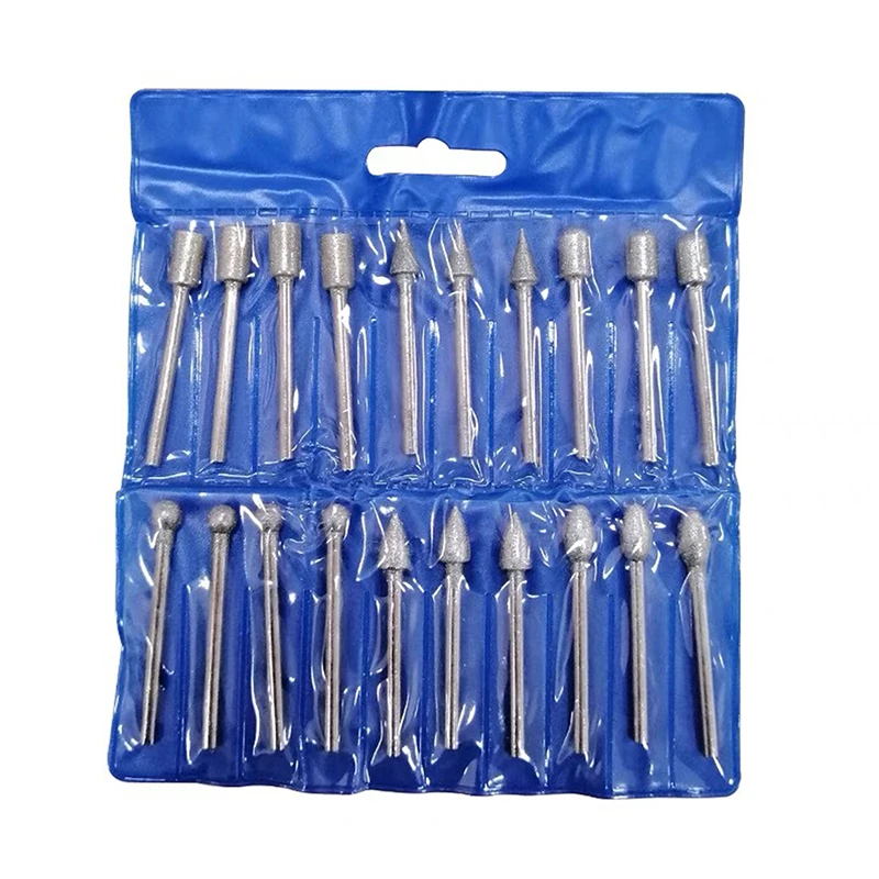 20 pz Teste di Rettifica Diamantate Mini Bit Per Utensile Trapano Rotante Bave Rettifica Accessori 3mm Gambo Kit di Strumenti Strumento Abrasivo
