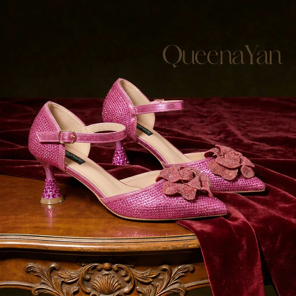 Queena Yan Spot Goods High Quality Handmade Floral Design Women Pointed Toe Pumps Elegant Heels For Nigeria Wedding Owambe Party