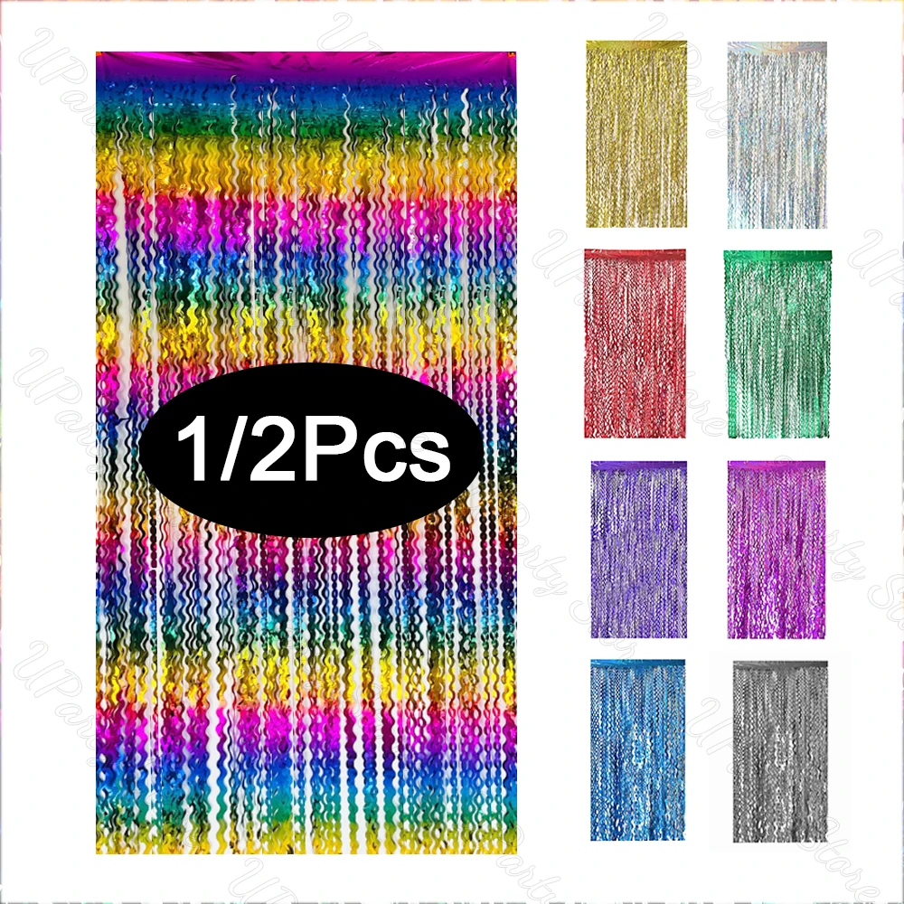 1/2 Packungen Wellenförmige Glitzervorhänge für Geburtstagsdekoration, Laser-Glitzerfransen, Regenbogen-Folien-Hintergrundvorhänge für Weihnachtsdekoration – Detail 1