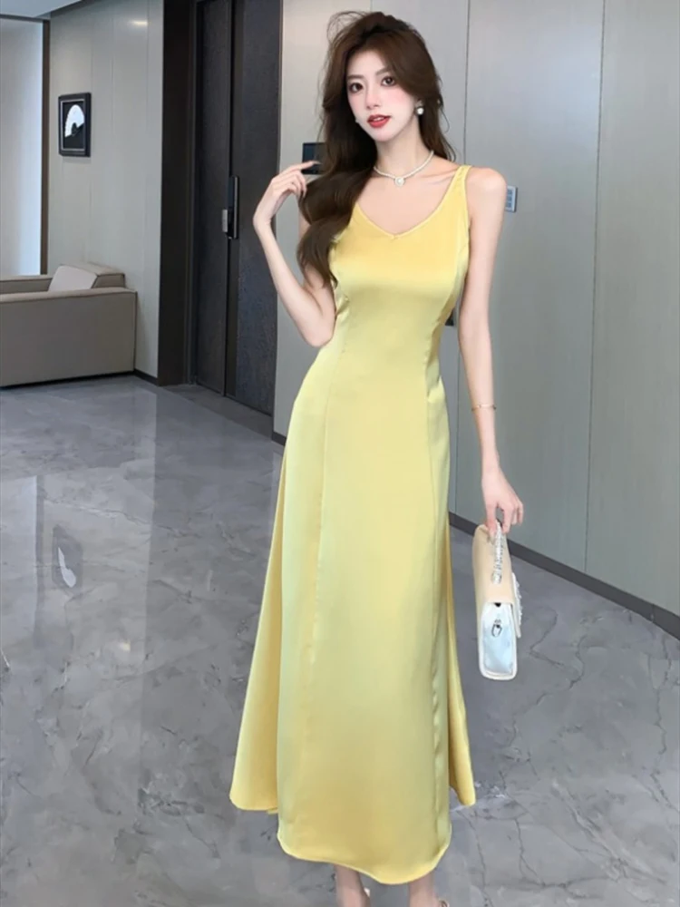 Yellow V Neck A Line Evening Dress Shiny Casual Suspender Prom Dresses Formal Occasion Gowns Vestidos De Fiesta Gala 2024