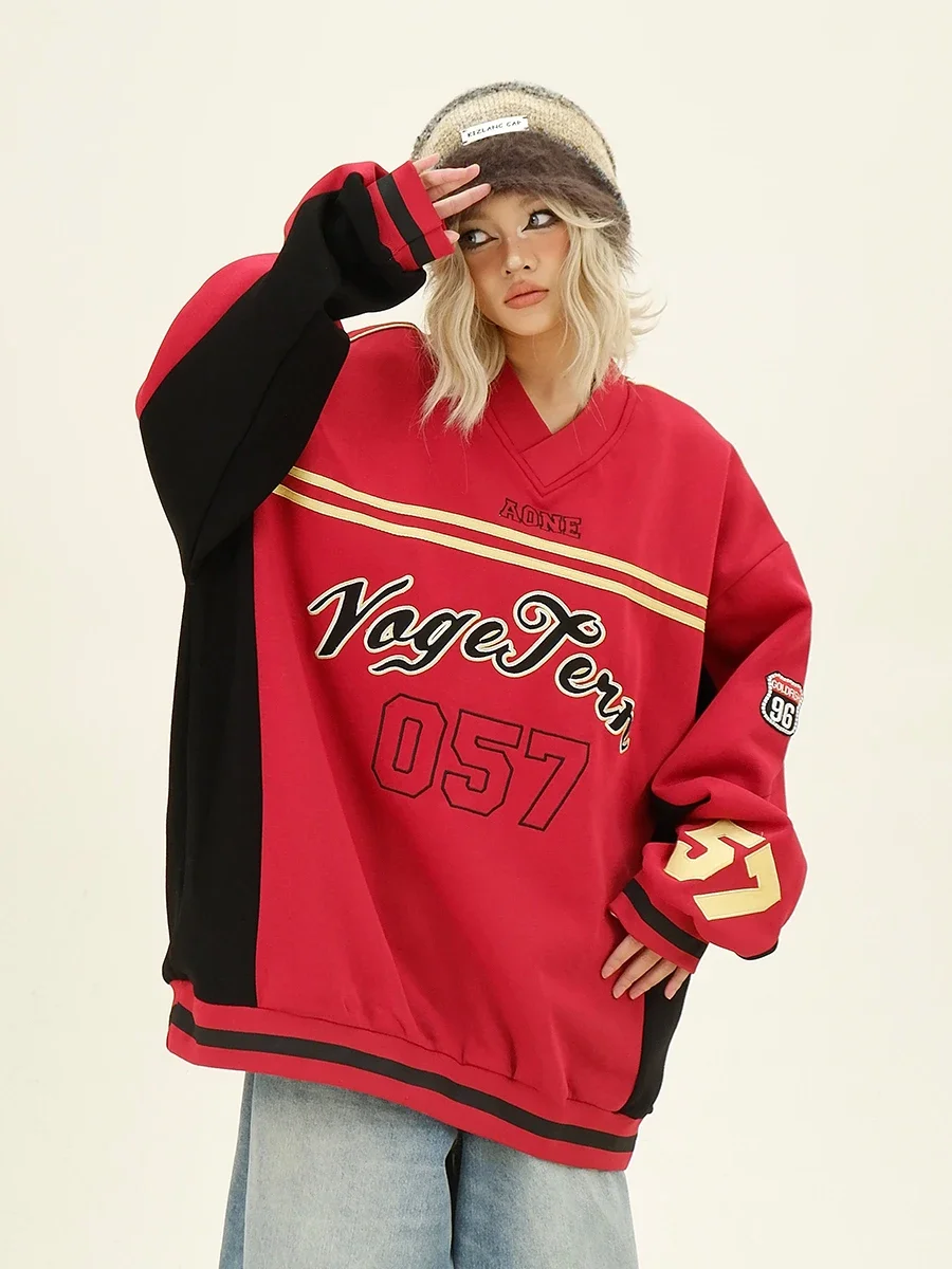 Stripes Contrasting Letters V-neck Hoodies 2024 Autumn New Loose Bf American College Style Top Women