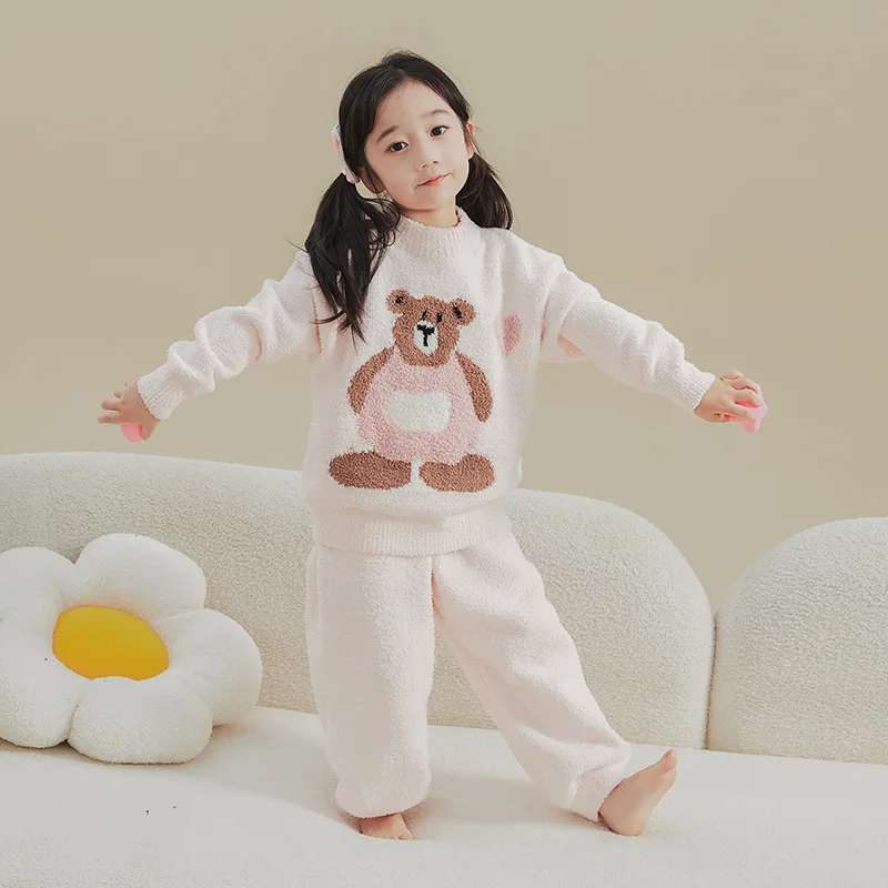 Cartoon Bear Fleece Thicken Warm Junior Girl Pajamas Set Plus Velvet Flannel Homewear Children Warm Sleepwear Girls Nightwear