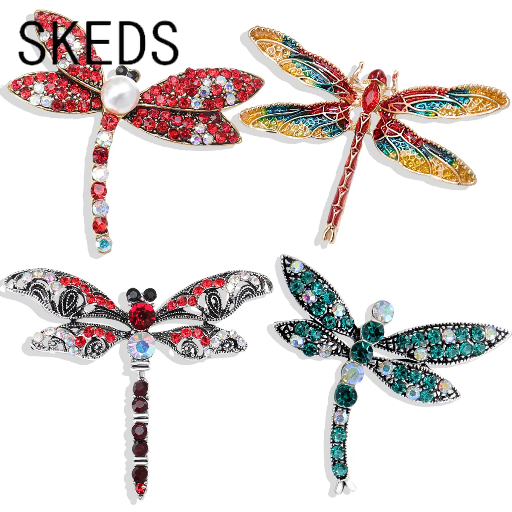 SKEDS Exquisite Classic Crystal Dragonfly Brooches Pins For Women Rhinestone Insect Series Meatl Suit Office Badges Safety Pins