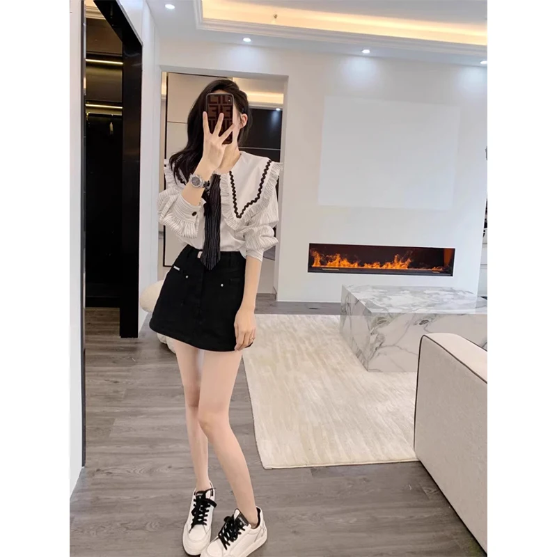 

Весенний новый дизайн, милый молодой вид, полосатый женский кукольный воротник с высокой талией, комплект из двух предметов, модный повседневный наряд