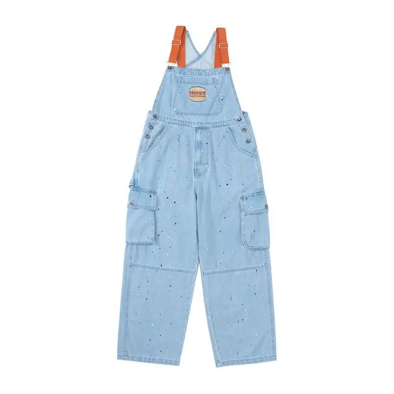 New Cool Girl Style Embroidered Spicy Ink Denim Strap Jumpsuits Women's Autumn/Winter Large Loose and Slim Retro One Piece Pants