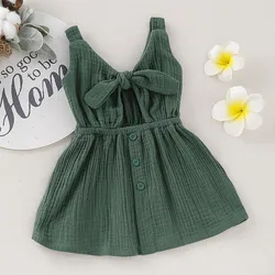 Baby Girl Dress Toddler Kid Baby Girl Solid Sleeveless Straps Bow Button Dress Clothes Girl New Dress