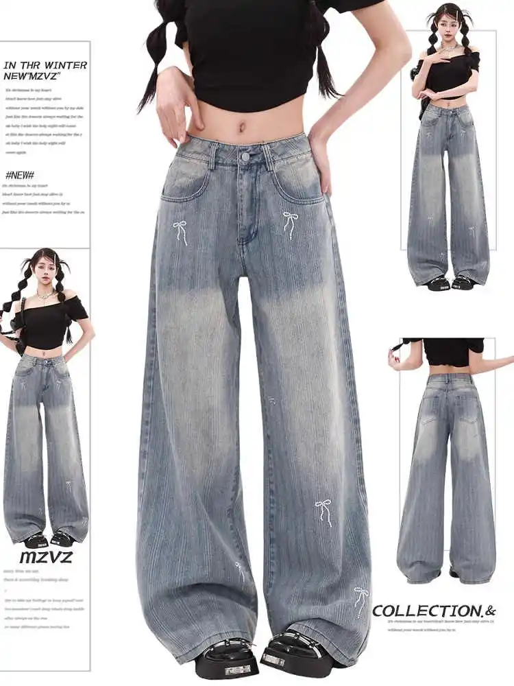 

Women's Baggy Y2k Embroidery Bow Jeans Harajuku Vintage Denim Trousers Japanese 2000s Style Oversize Jean Pants Trashy Clothes