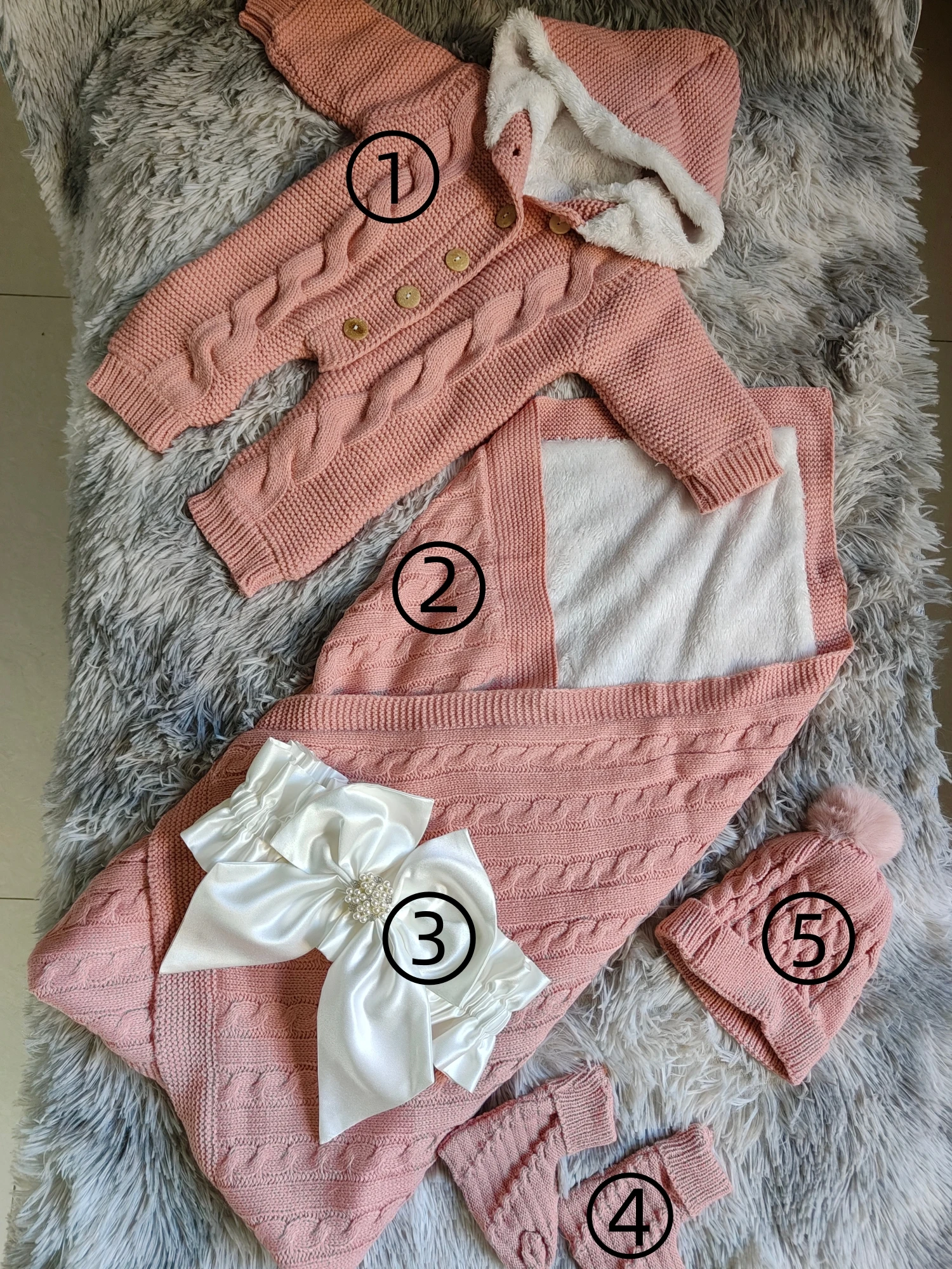 

Dusty Pink Knitted Fleece Baby 5Piece Set French Luxury Warm Baby Pajamas Set