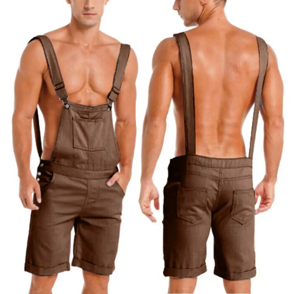 Men Overalls Multiple Pockets Solid Color Adjustable Strap Vintage Jumpsuits Casual Wear Loose Cargo Romper Shorts  Pants