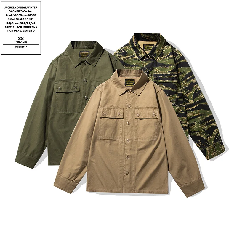 Amekaji 100% Cotton Tiger Stripe Camo Shirt - Men's Workwear Engineer Long Sleeve American Vintage Casual Camouflage Overshirt