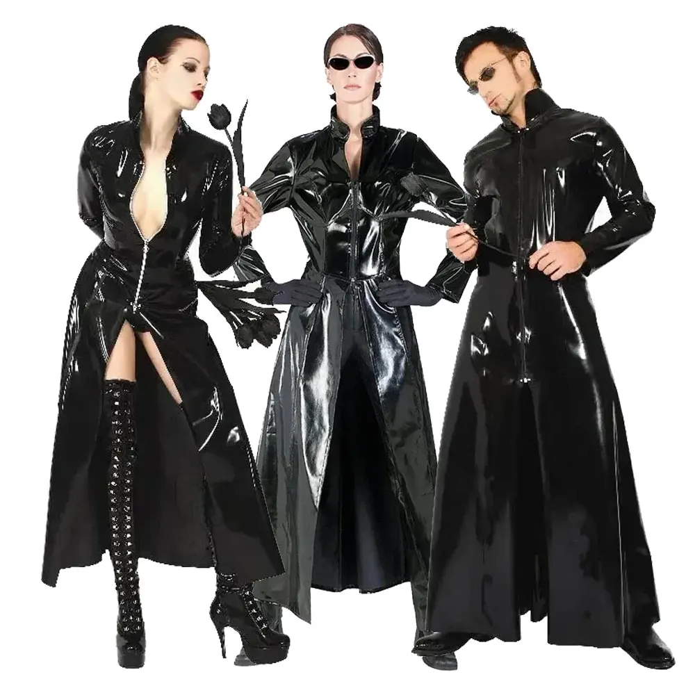 معطف جلد طويل أسود لامع PVC اللاتكس خندق سترة للجنسين فيلم ماتريكس نيو تأثيري حلي للرجال والنساء