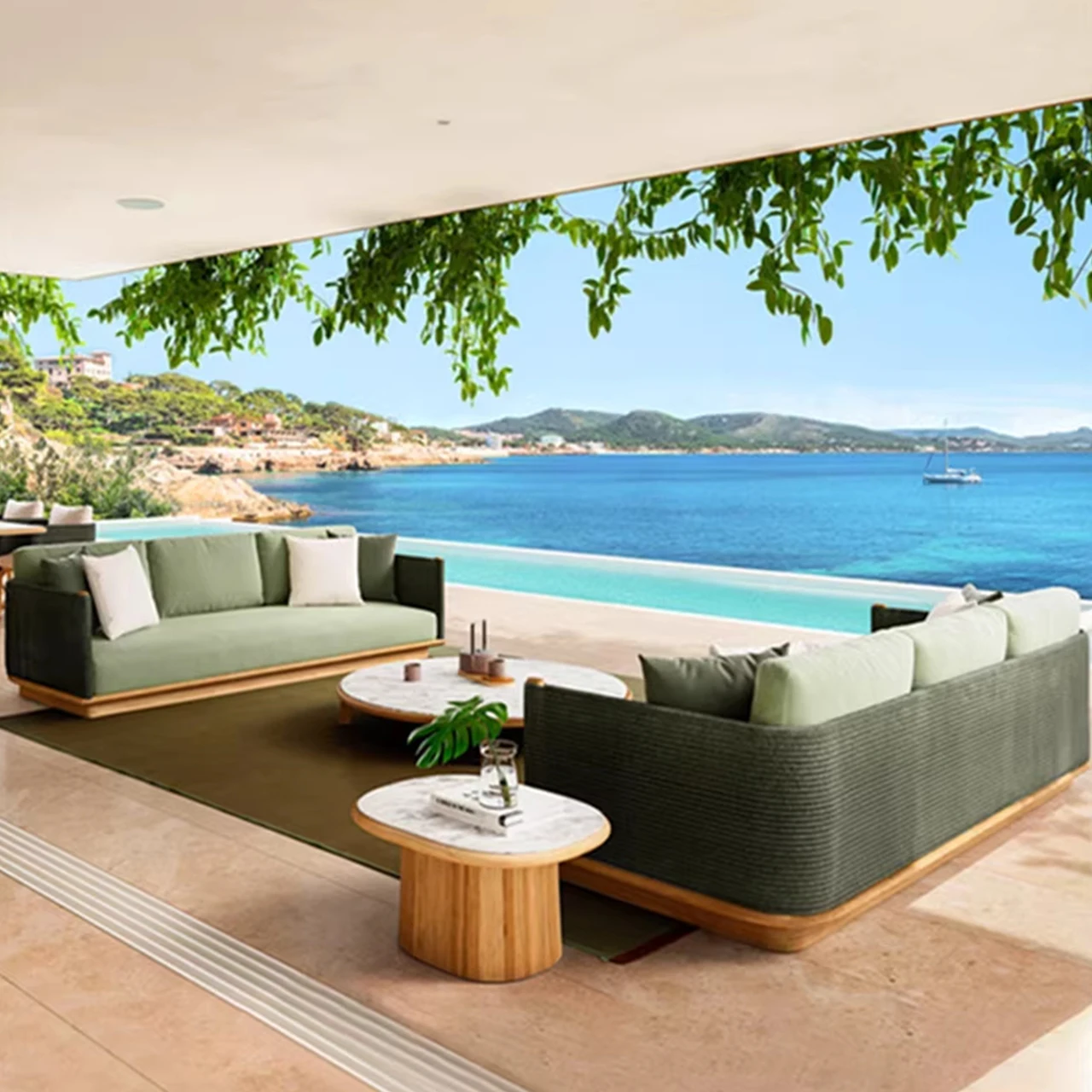 Luxury Outdoor Patio Sofa Teak Wood Garden Sofa Couch Modern All Weather Rope Woven Sofa