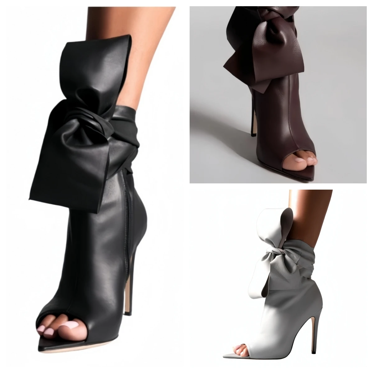 2026 Fashion New Style Women Peep Toe Booties Big Ankle Bow Faux Leather Stiletto Heel Side Zip Shoes for Party Night Club Wear