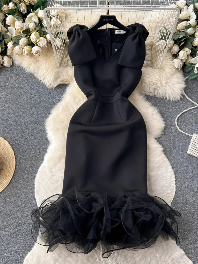 

Fashion Sexy Dresses Solid Color Bow Gauze Patchwork V Neck Sleeveless Dress Summer Female Slim Design Elegant Women's Clothing