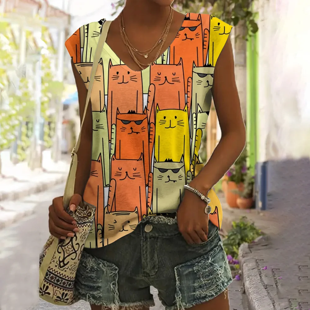 2024 Women\'s V-neck Vest Fashion Cartoon Cat Paint Print V-neck Vest Leisure Comfortable Women\'s Elegant Sleeveless V-neck Vest