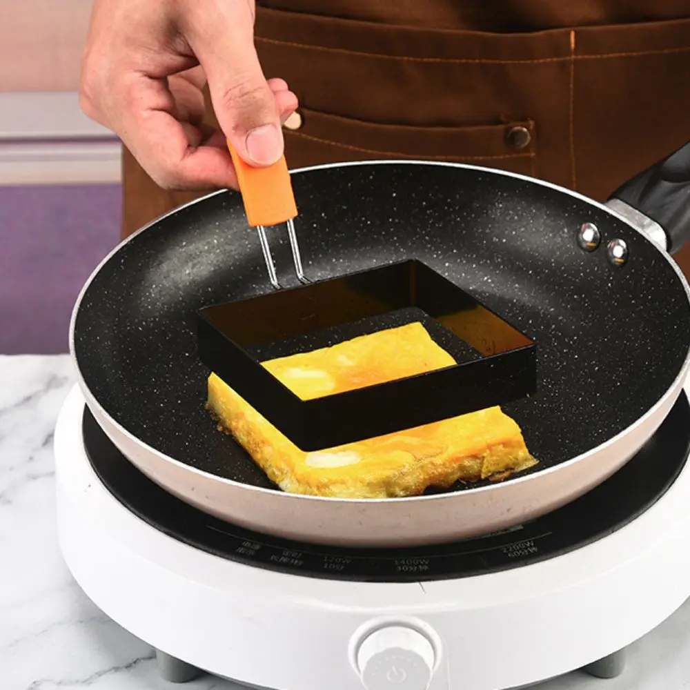 4Pcs Foldable Silicone Handle Square Egg Ring Non-Stick Anti Scalding Frying Eggs Mold Stainless Steel Pancake Mold Sandwich 2