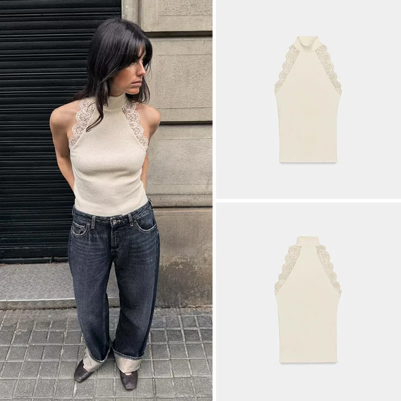 

Spring New Arrival Casual Lace Ribbed Svel f High Collar Faionable T-irt Women's Premium Quali Ethnic Stage Co...