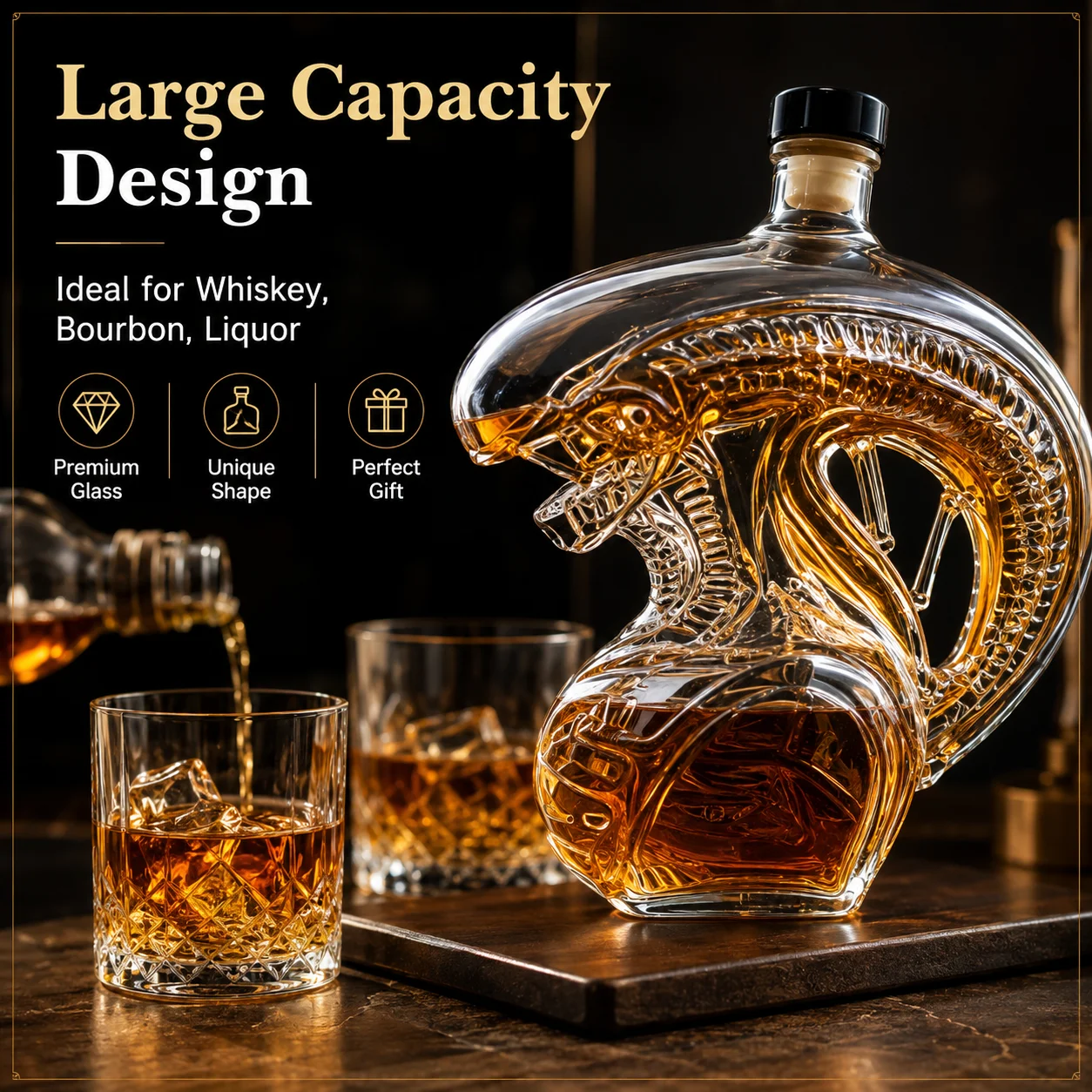Premium Alien Creature Whiskey Decanter, Handcrafted Glass Liquor Bottle for Man Cave & Collector Display