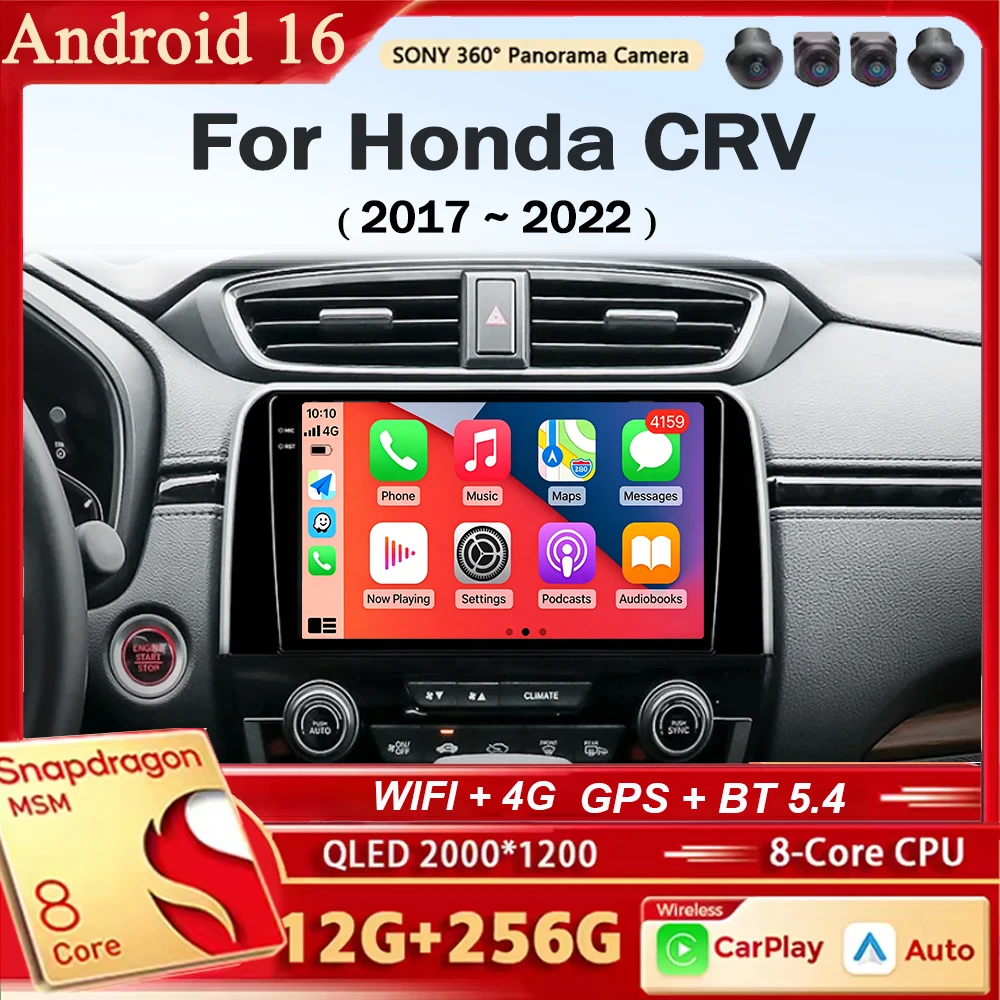 Android 16 Car Radio Navigation Multimedia Stereo Player Carplay&Auto For Honda CRV 2017 2018 2019 2020 2021 2022