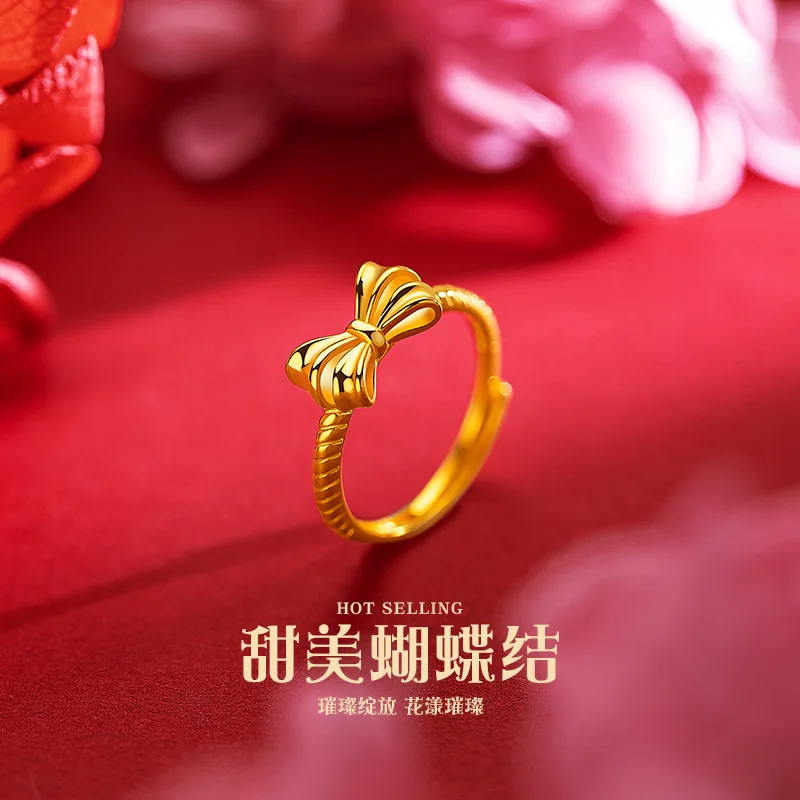 Douyin hot push fresh and sweet high-grade feeling bowknot female ring students fashion lovely bowknot ring mouth 9999gold