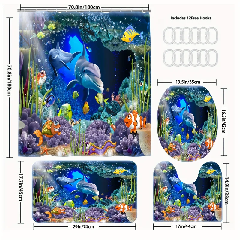 1/3/4pcs Dolphin Fish Printed Shower Curtain Set, Waterproof Shower Curtain With Hooks, Non-Slip Bath Rug, Toilet U-Shape Mat, T