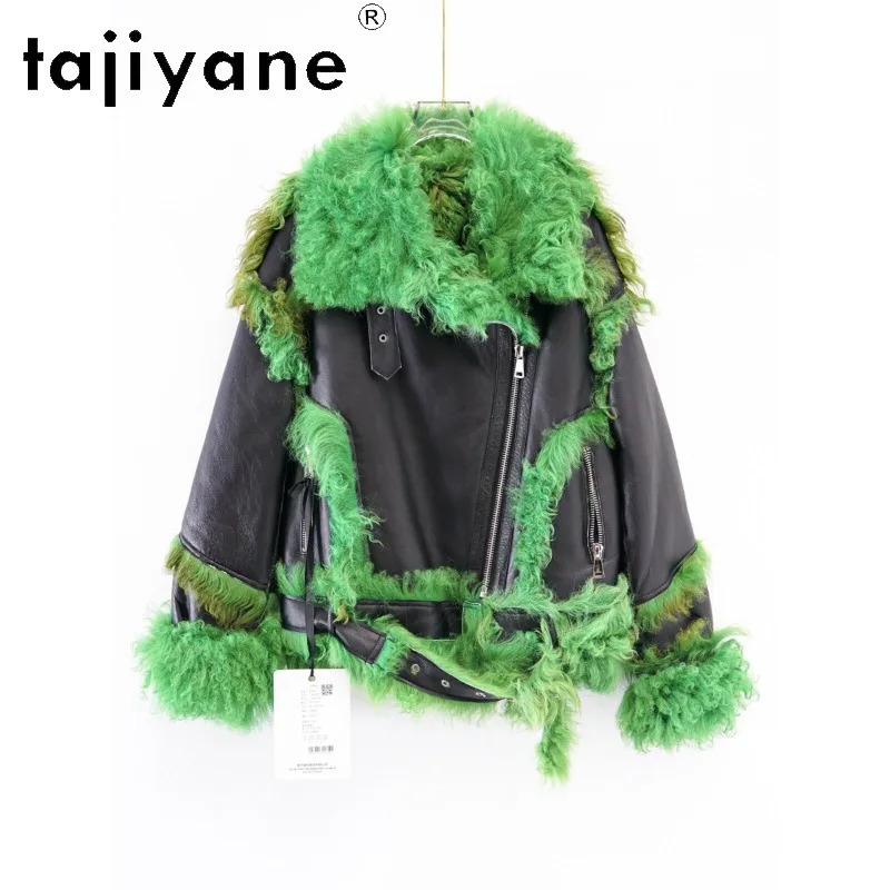 TAJIYANE Tigrado Natural Sheep Shearling Fur Coat Women's Leather Fur Coats Green Biker Fur Jacket Winter Clothes Woman Thicken