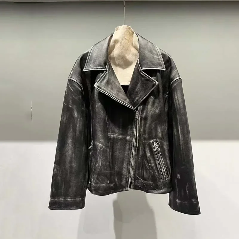 Odzież damska Jesień Zima Typ lokomotywy Kurtka z prawdziwej skóry Płaszcz z kołnierzem Proces starzenia Wysoka jakość