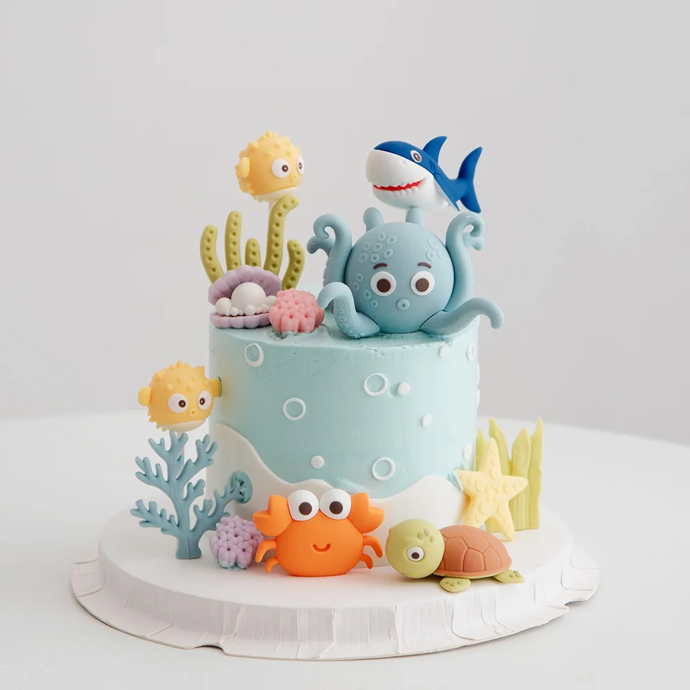 Under The Sea Kuchen-Topper-Set, orangefarbener Oktopus, Delfin, Krabbe, Agouti für Jungen und Mädchen, Geburtstag, Babyparty, Marine-Thema, Party-Dekoration – Detail 3