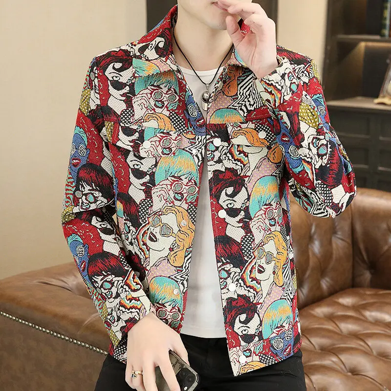 

Весенне-осенняя мужская модная повседневная куртка с лацканами и принтом, модное жаккардовое пальто свободного покроя высокого качества