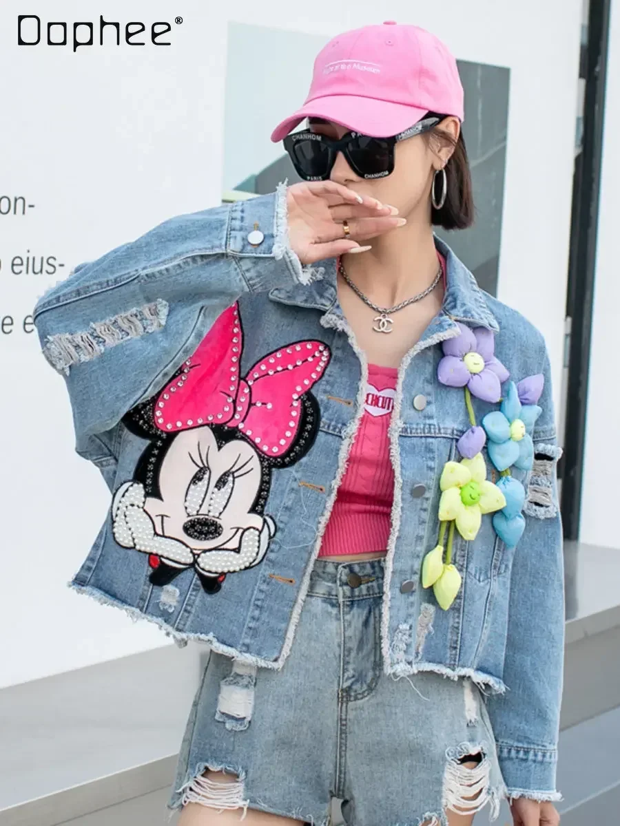 Heavy Industry Beads Cartoon Denim Jacket Women 2023 Spring Sweet Tridimensional Flower Decorative Rhinestone Short Jeans Coat