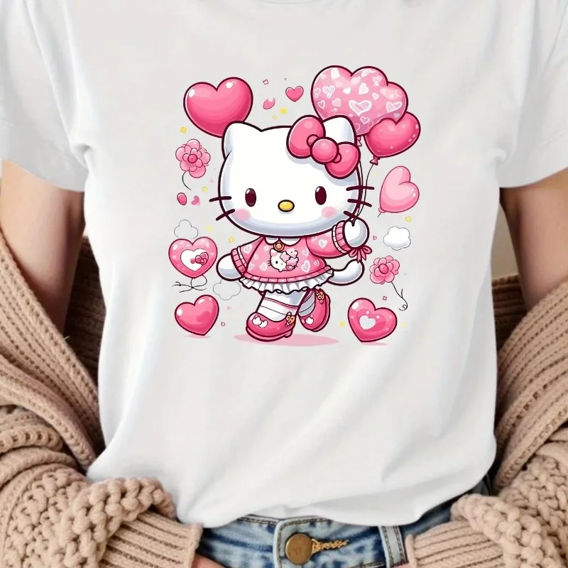 

Women Summer Fun Hello Kitty Anime Printed Love Balloon T-shirt Size Up Cotton T-shirt Casual Loose Y2K Fashion Short Sleeve Top