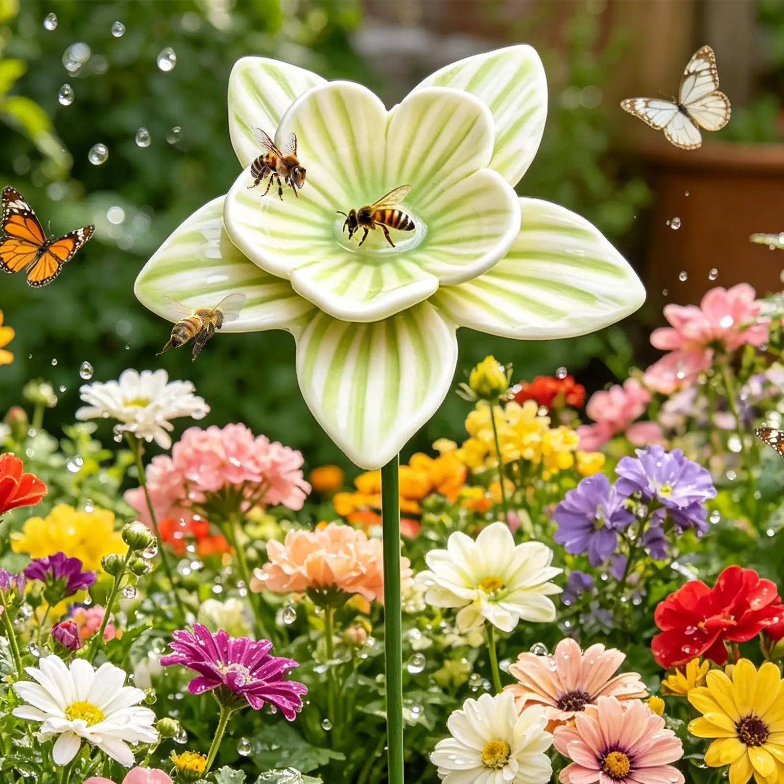 Bee Water Station 4 Piece Ceramic Flower Shape Bath Stake Bee Waterer For Outdoor Backyard Patio Deck Butterfly Farm Pond
