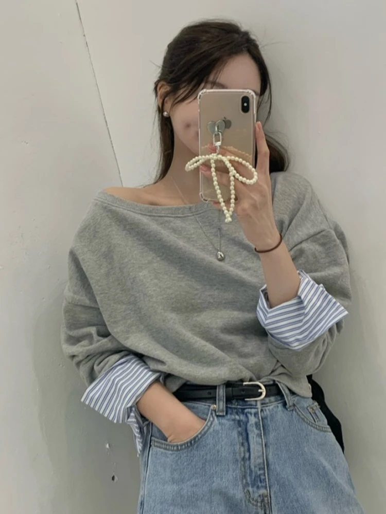 肩出し長袖トレーナー レディース ルーズフィット カジュアル シック 春 トップス ワンピース 韓国風 ショート丈 クルーネック