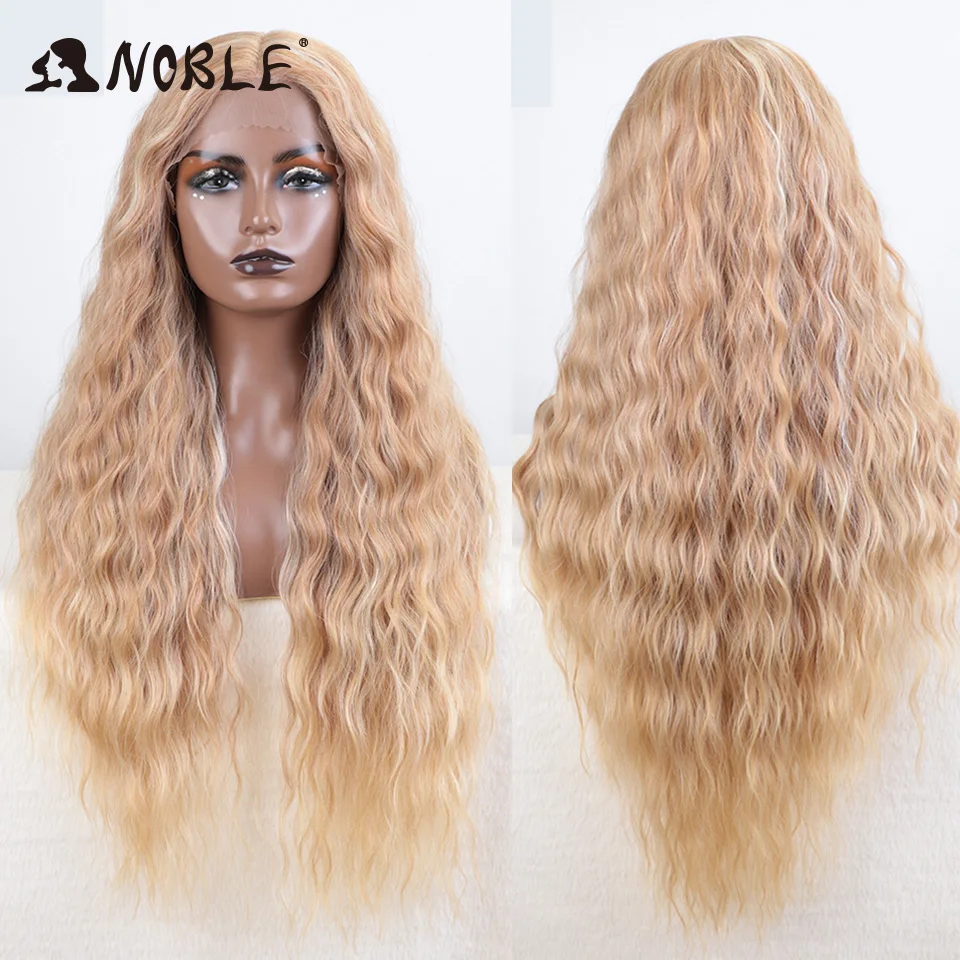Edle synthetische Lace-Front-Perücke, 30 Zoll lang, gewellt, Ombre-Blond, Cosplay-Perücken, synthetische Perücken für Damen, Lace-Front-Perücken – Detail 13