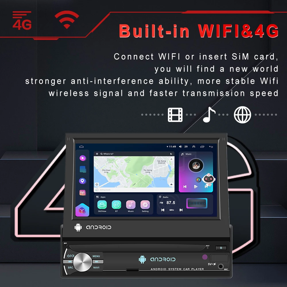 Podofo 7 بوصة 1Din 8Core راديو السيارة أندرويد Carplay شاشة قابلة للسحب مشغل وسائط متعددة 8 + 128G السيارات واي فاي 4G DSP نظام تحديد المواقع والملاحة #5