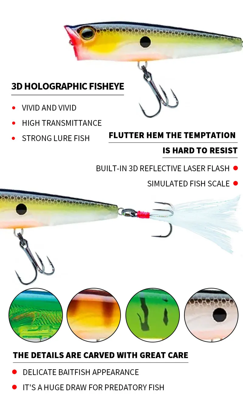 7g 65mm Surface Popper Fishing Lures Long Casting Artificial Hard Bait Topwater Pencil Swimbait Wobblers for Pike Perch Supplies